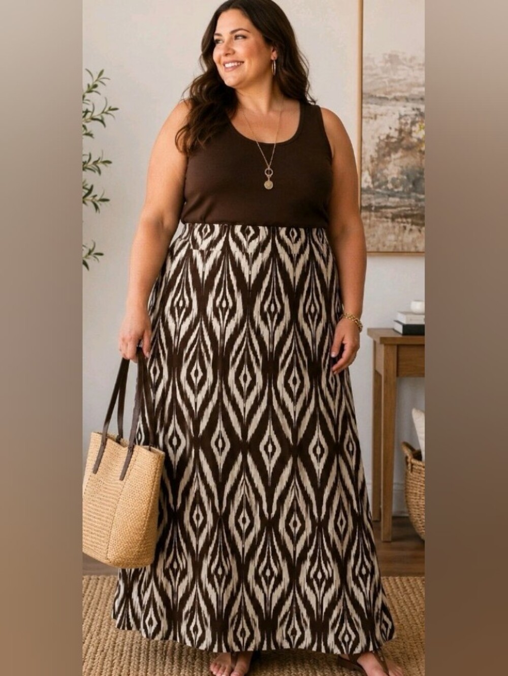 NWT Chicos Maxi Skirt Diamond Ikat Diane Rayon Boho Cocoa Brown Career Church